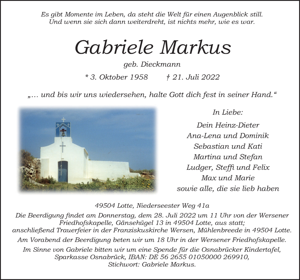  Traueranzeige für Gabriele Markus vom 23.07.2022 aus Neue Osnabrücker Zeitung GmbH & Co. KG