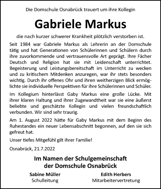 Traueranzeige von Gabriele Markus von Neue Osnabrücker Zeitung GmbH & Co. KG