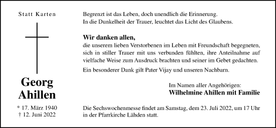 Traueranzeige von Georg Ahillen von Neue Osnabrücker Zeitung GmbH & Co. KG