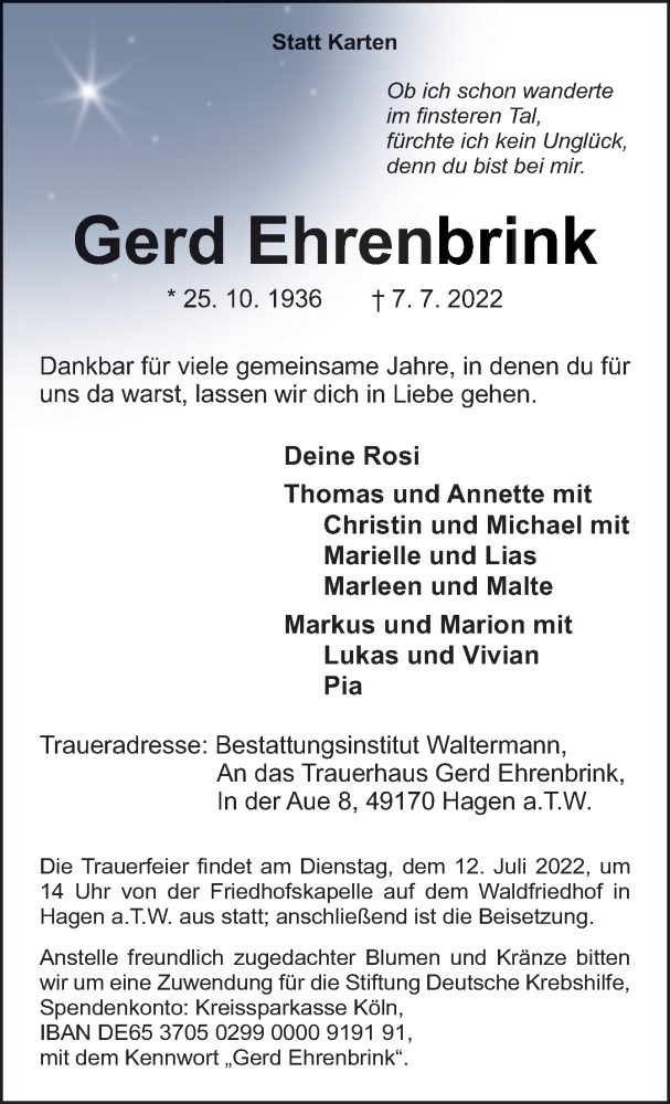  Traueranzeige für Gerd Ehrenbrink vom 09.07.2022 aus Neue Osnabrücker Zeitung GmbH & Co. KG