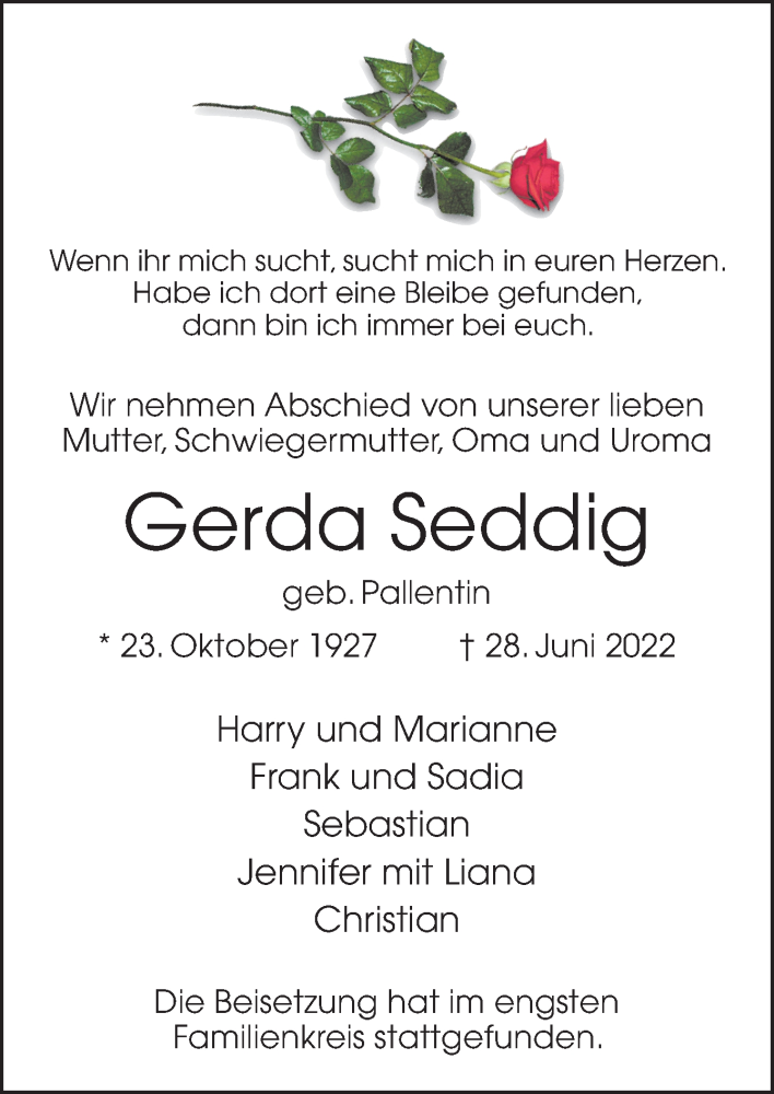  Traueranzeige für Gerda Seddig vom 09.07.2022 aus Neue Osnabrücker Zeitung GmbH & Co. KG