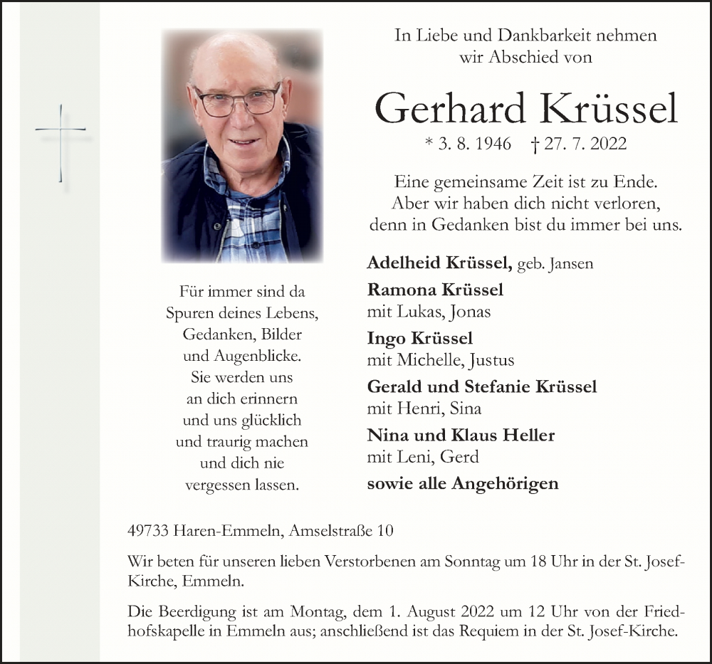  Traueranzeige für Gerhard Krüssel vom 30.07.2022 aus Neue Osnabrücker Zeitung GmbH & Co. KG