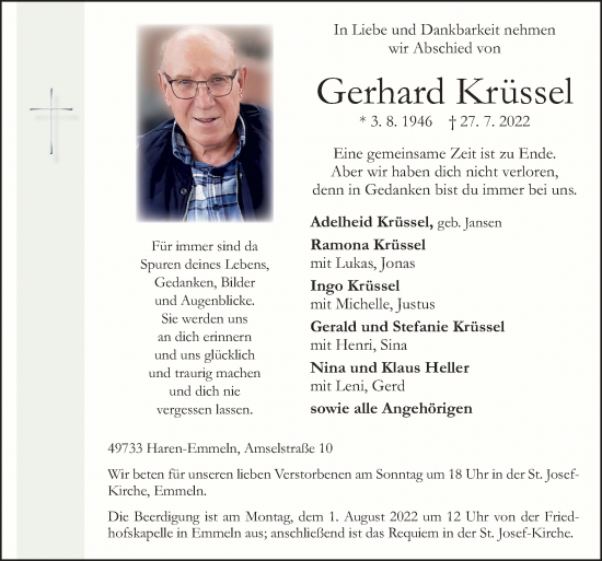 Traueranzeige von Gerhard Krüssel von Neue Osnabrücker Zeitung GmbH & Co. KG