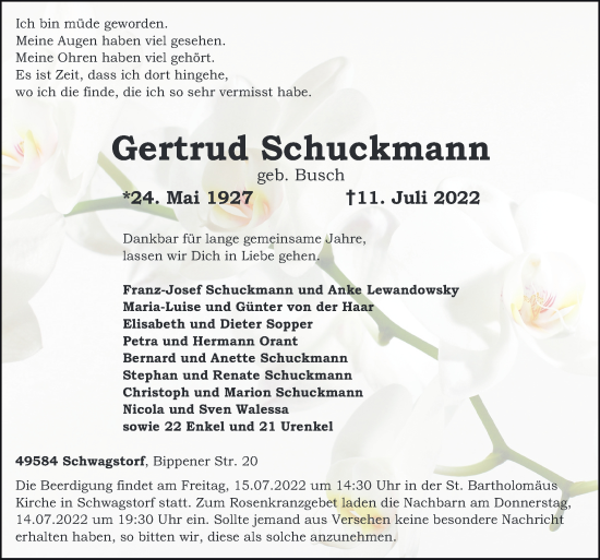 Traueranzeige von Gertrud Schuckmann von Neue Osnabrücker Zeitung GmbH & Co. KG