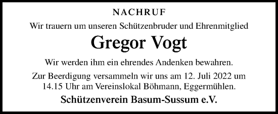 Traueranzeige von Gregor Vogt von Neue Osnabrücker Zeitung GmbH & Co. KG