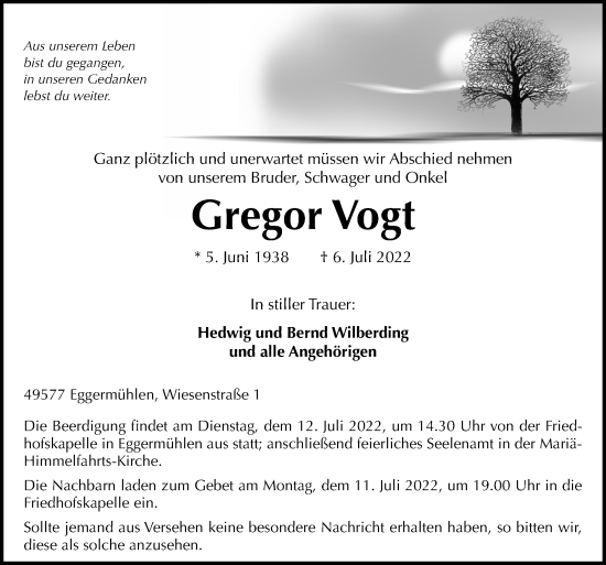 Traueranzeige von Gregor Vogt von Neue Osnabrücker Zeitung GmbH & Co. KG