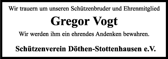 Traueranzeige von Gregor Vogt von Neue Osnabrücker Zeitung GmbH & Co. KG