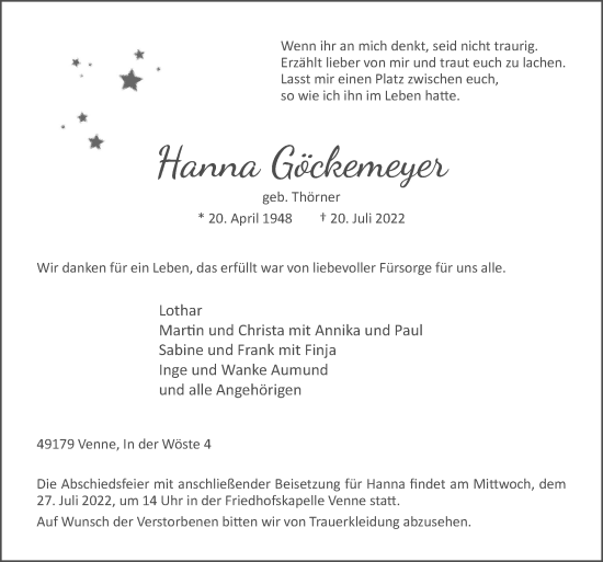 Traueranzeige von Hanna Göckemeyer von Neue Osnabrücker Zeitung GmbH & Co. KG