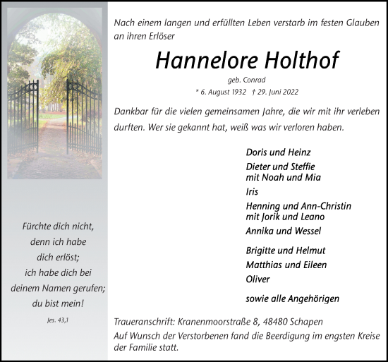 Traueranzeige von Hannelore Holthof von Neue Osnabrücker Zeitung GmbH & Co. KG