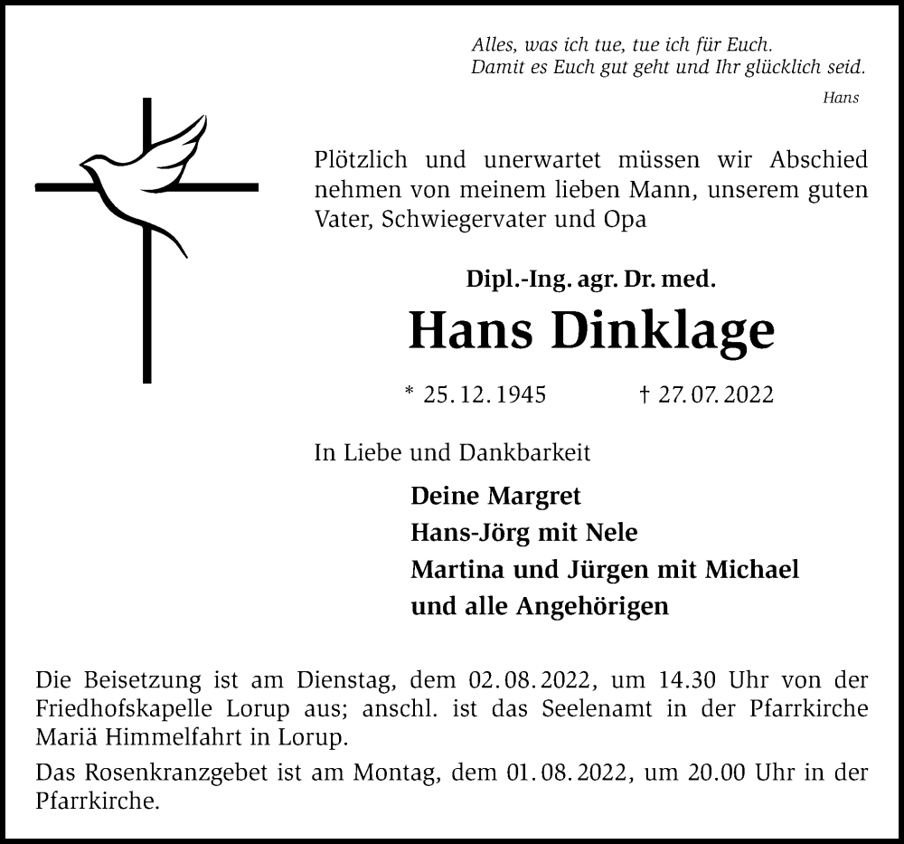  Traueranzeige für Hans Dinklage vom 30.07.2022 aus Neue Osnabrücker Zeitung GmbH & Co. KG