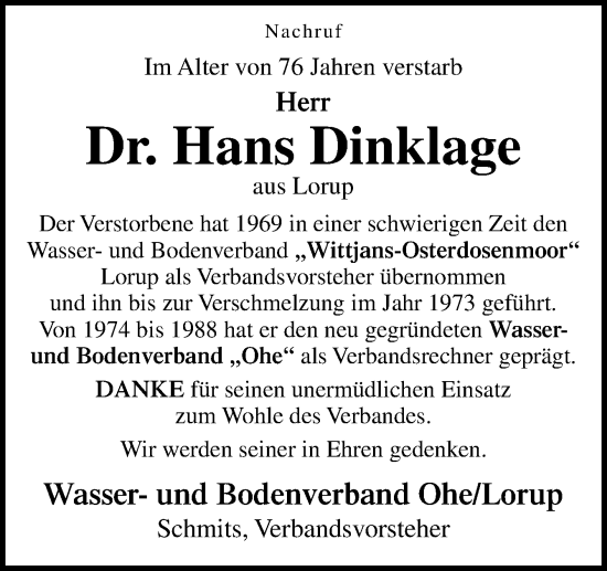 Traueranzeige von Hans Dinklage von Neue Osnabrücker Zeitung GmbH & Co. KG