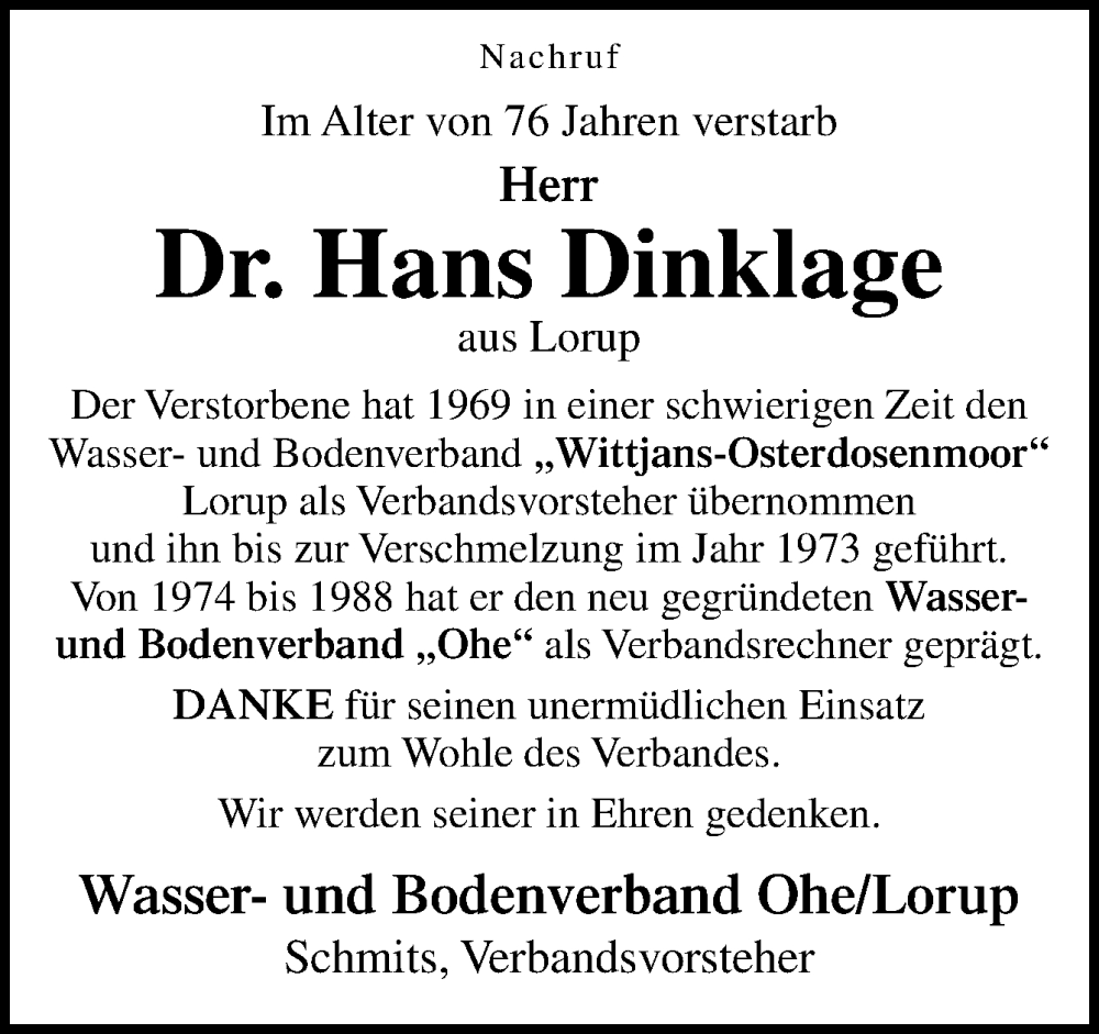  Traueranzeige für Hans Dinklage vom 30.07.2022 aus Neue Osnabrücker Zeitung GmbH & Co. KG