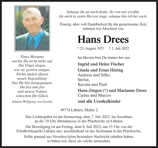 Traueranzeige von Hans Drees von Neue Osnabrücker Zeitung GmbH & Co. KG