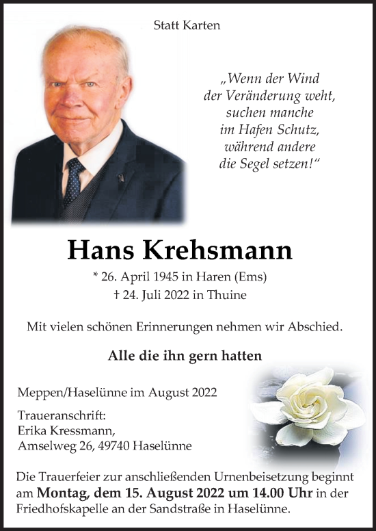 Traueranzeige von Hans Krehsmann von Neue Osnabrücker Zeitung GmbH & Co. KG