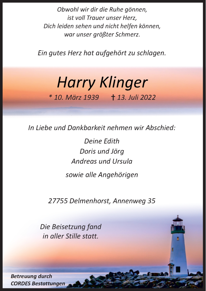  Traueranzeige für Harry Klinger vom 30.07.2022 aus DK Medien GmbH & Co. KG