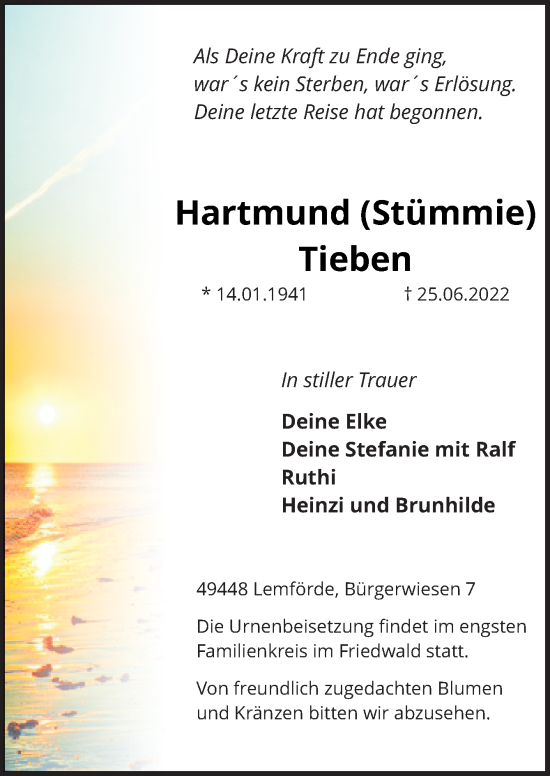 Traueranzeige von Hartmund Tieben von Neue Osnabrücker Zeitung GmbH & Co. KG