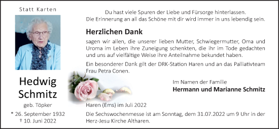 Traueranzeige von Hedwig Schmitz von Neue Osnabrücker Zeitung GmbH & Co. KG