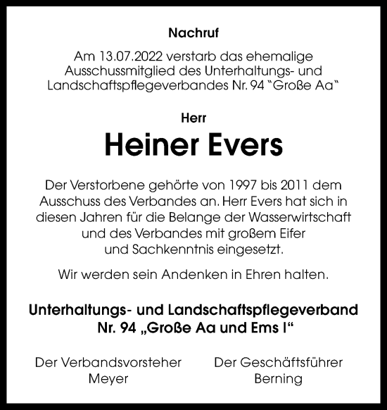 Traueranzeige von Heiner Evers von Neue Osnabrücker Zeitung GmbH & Co. KG