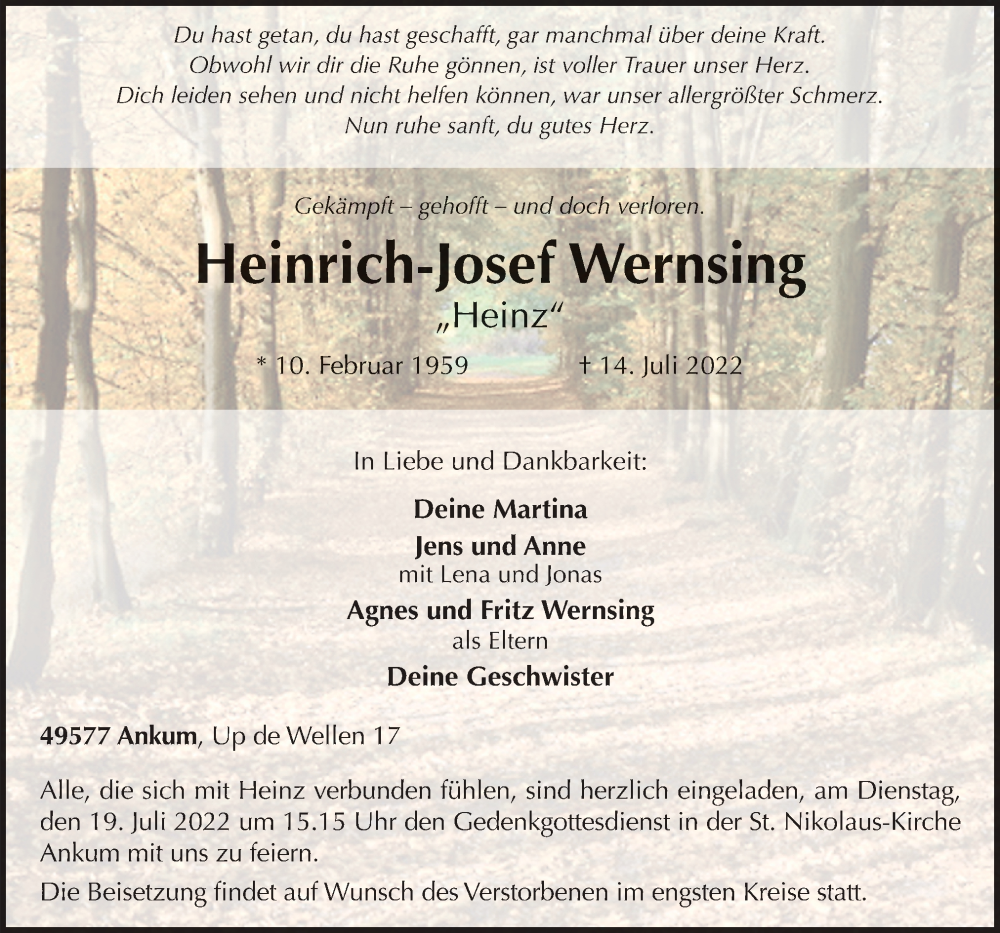  Traueranzeige für Heinrich-Josef Wernsing vom 16.07.2022 aus Neue Osnabrücker Zeitung GmbH & Co. KG