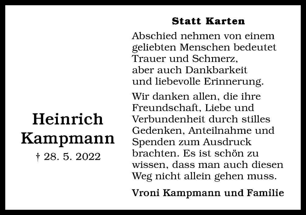  Traueranzeige für Heinrich Kampmann vom 09.07.2022 aus Neue Osnabrücker Zeitung GmbH & Co. KG