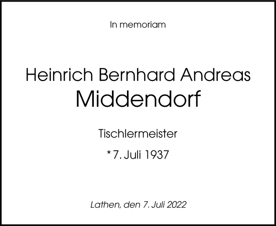 Traueranzeige von Heinrich Bernhard Andreas Middendorf von Neue Osnabrücker Zeitung GmbH & Co. KG