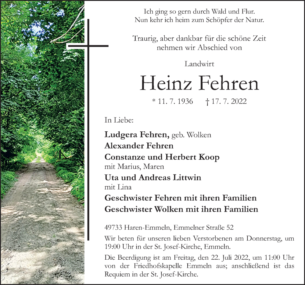  Traueranzeige für Heinz Fehren vom 20.07.2022 aus Neue Osnabrücker Zeitung GmbH & Co. KG