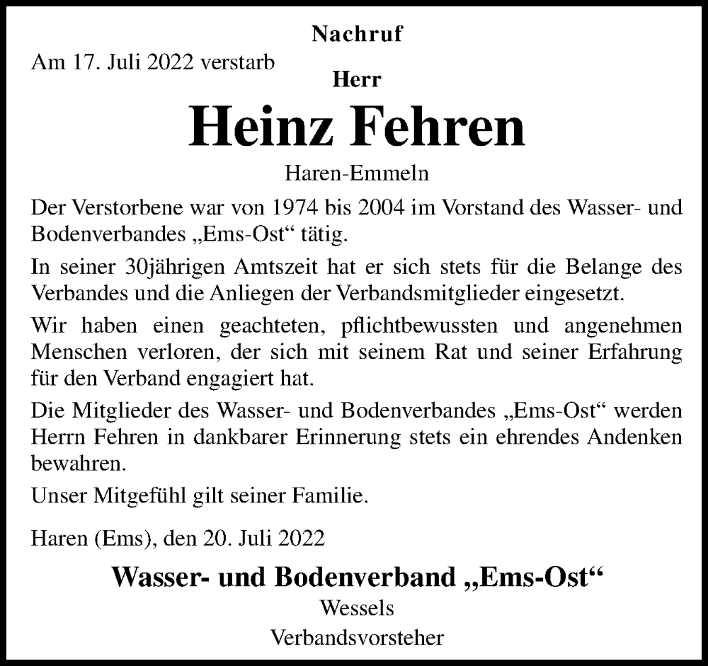  Traueranzeige für Heinz Fehren vom 21.07.2022 aus Neue Osnabrücker Zeitung GmbH & Co. KG