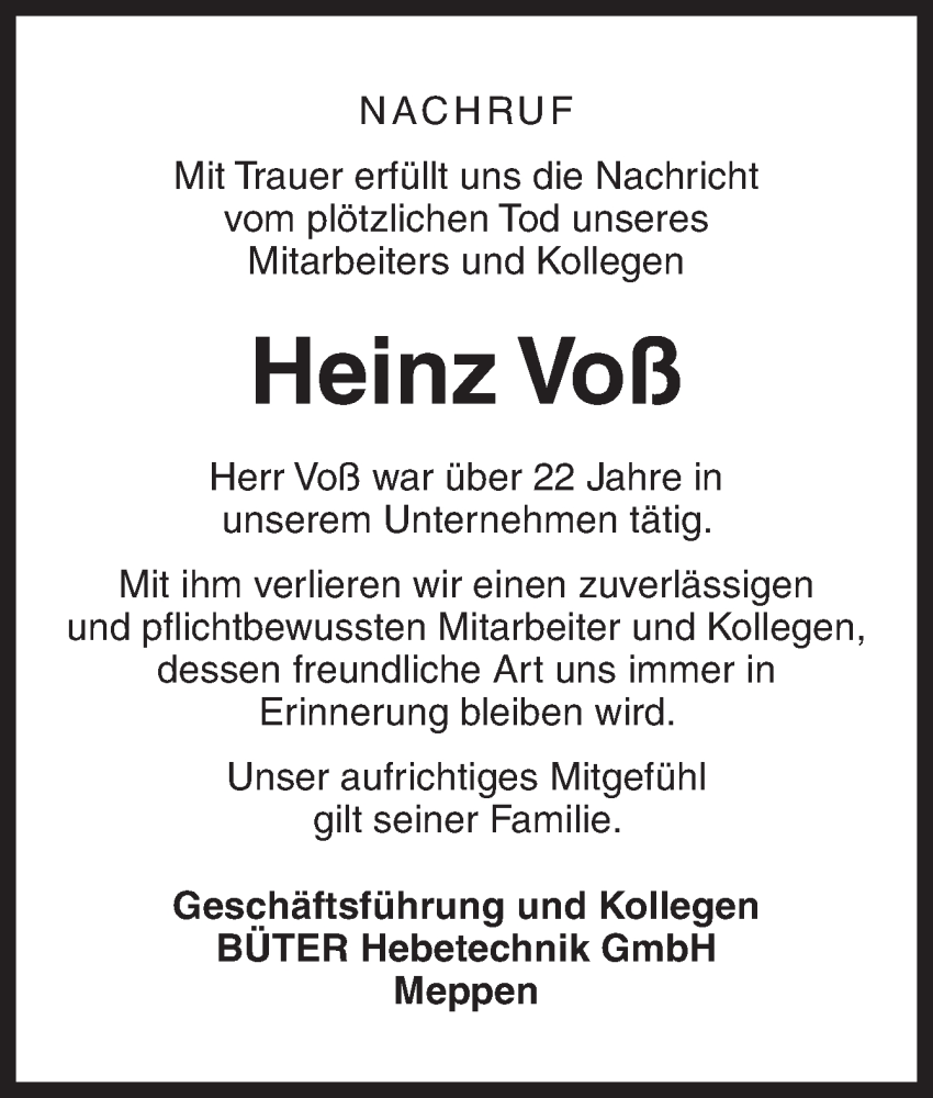  Traueranzeige für Heinz Voß vom 28.07.2022 aus Neue Osnabrücker Zeitung GmbH & Co. KG