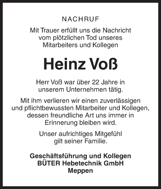 Traueranzeige von Heinz Voß von Neue Osnabrücker Zeitung GmbH & Co. KG