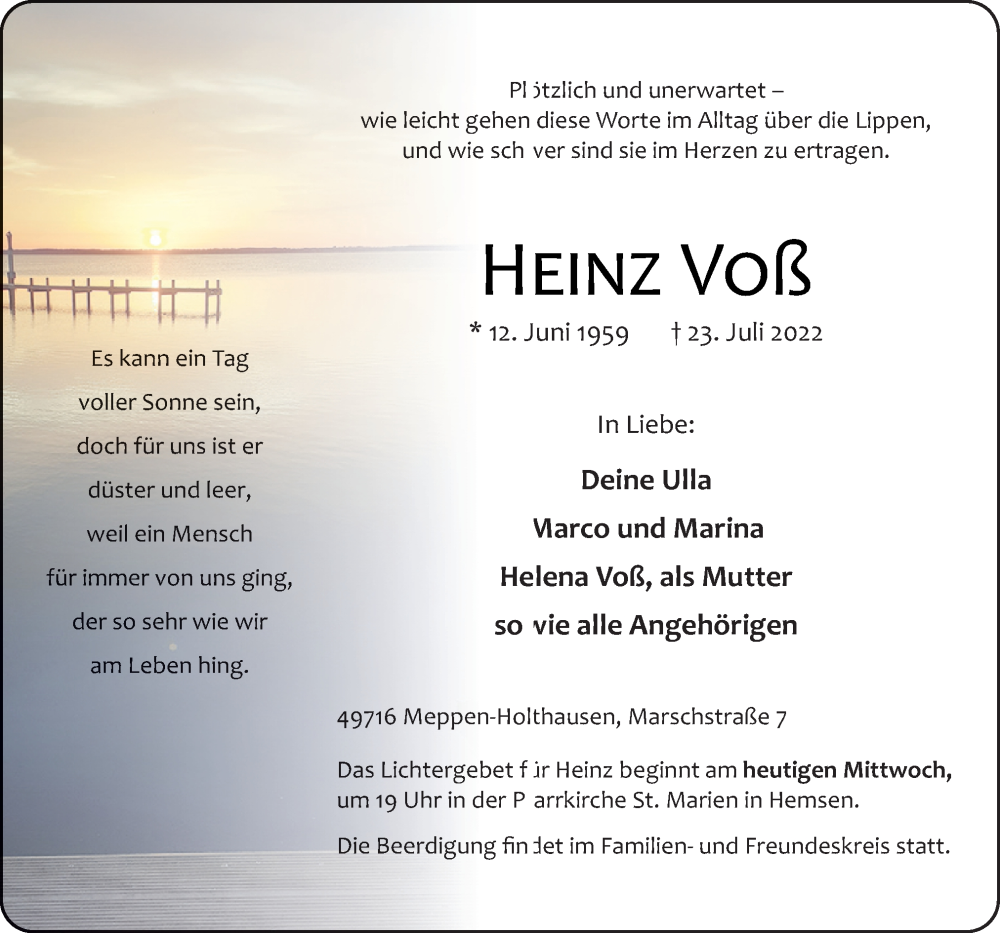  Traueranzeige für Heinz Voß vom 27.07.2022 aus Neue Osnabrücker Zeitung GmbH & Co. KG