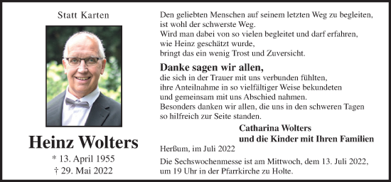 Traueranzeige von Heinz Wolters von Neue Osnabrücker Zeitung GmbH & Co. KG