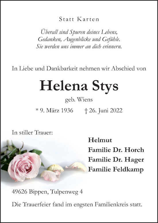 Traueranzeige von Helena Stys von Neue Osnabrücker Zeitung GmbH & Co. KG