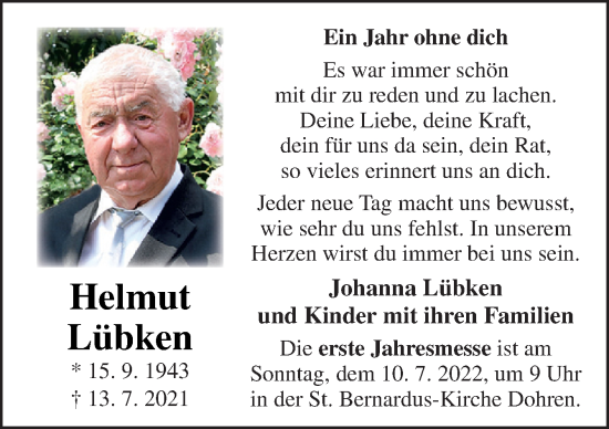 Traueranzeige von Helmut Lübken von Neue Osnabrücker Zeitung GmbH & Co. KG