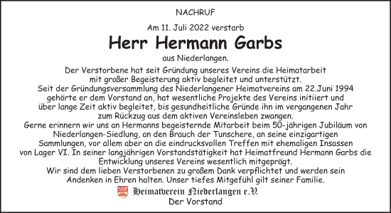 Traueranzeige von Hermann Garbs von Neue Osnabrücker Zeitung GmbH & Co. KG