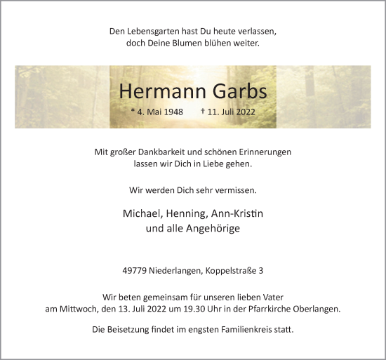 Traueranzeige von Hermann Garbs von Neue Osnabrücker Zeitung GmbH & Co. KG