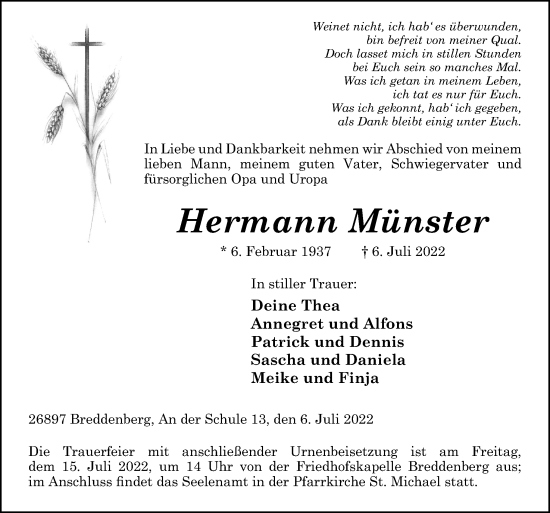 Traueranzeige von Hermann Münster von Neue Osnabrücker Zeitung GmbH & Co. KG