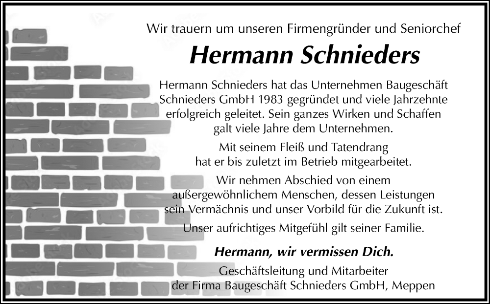  Traueranzeige für Hermann Schnieders vom 23.07.2022 aus Neue Osnabrücker Zeitung GmbH & Co. KG