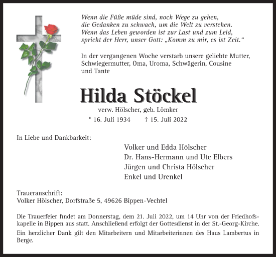 Traueranzeige von Hilda Stöckel von Neue Osnabrücker Zeitung GmbH & Co. KG