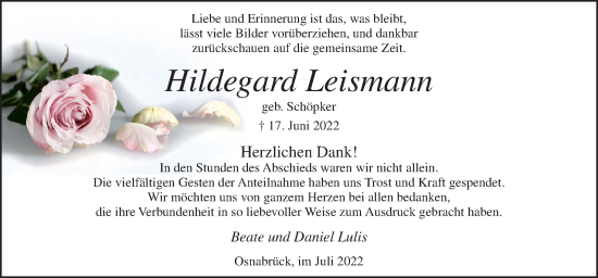 Traueranzeige von Hildegard Leismann von Neue Osnabrücker Zeitung GmbH & Co. KG