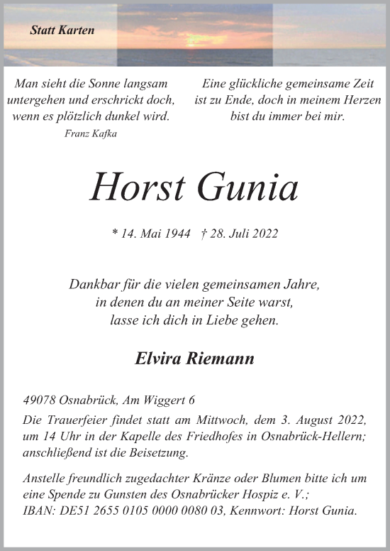 Traueranzeige von Horst Gunia von Neue Osnabrücker Zeitung GmbH & Co. KG