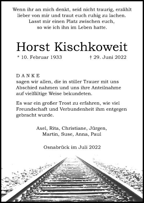 Traueranzeige von Horst Kischkoweit von Neue Osnabrücker Zeitung GmbH & Co. KG