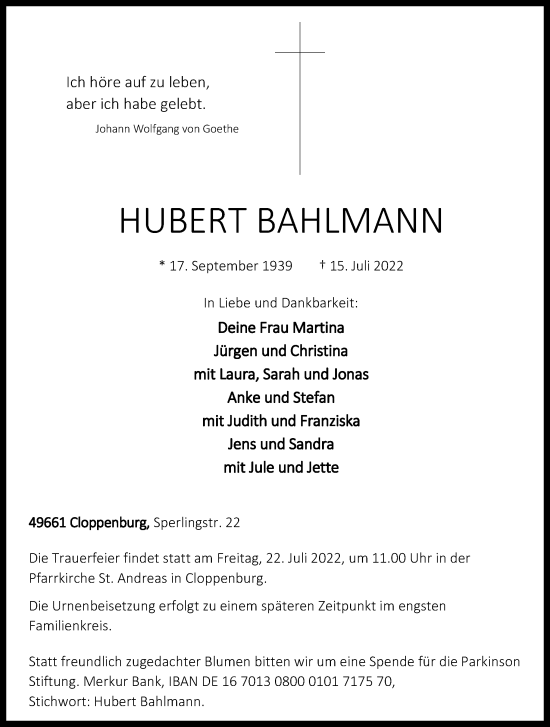 Traueranzeige von Hubert Bahlmann von Neue Osnabrücker Zeitung GmbH & Co. KG