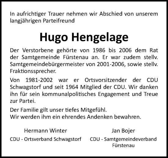 Traueranzeige von Hugo Hengelage von Neue Osnabrücker Zeitung GmbH & Co. KG