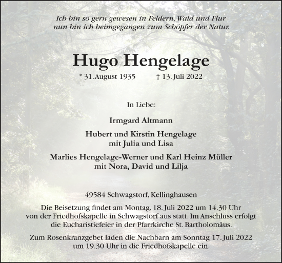 Traueranzeige von Hugo Hengelage von Neue Osnabrücker Zeitung GmbH & Co. KG