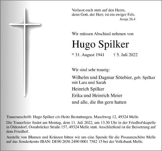 Traueranzeige von Hugo Spilker von Neue Osnabrücker Zeitung GmbH & Co. KG