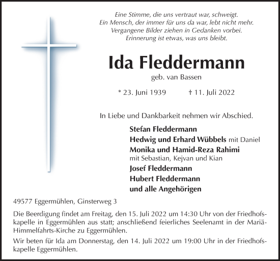 Traueranzeige von Ida Fleddermann von Neue Osnabrücker Zeitung GmbH & Co. KG