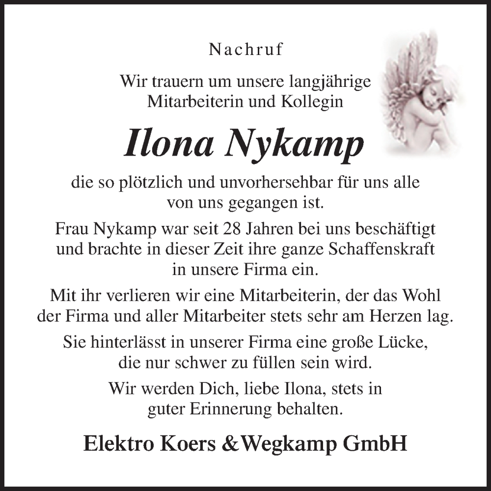  Traueranzeige für Ilona Nykamp vom 16.07.2022 aus Neue Osnabrücker Zeitung GmbH & Co. KG