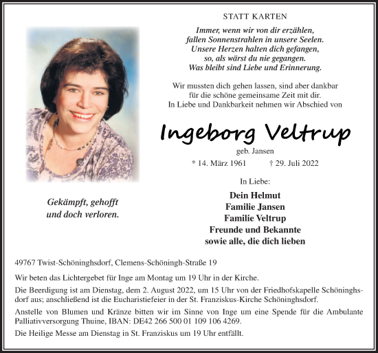 Traueranzeige von Ingeborg Veltrup von Neue Osnabrücker Zeitung GmbH & Co. KG