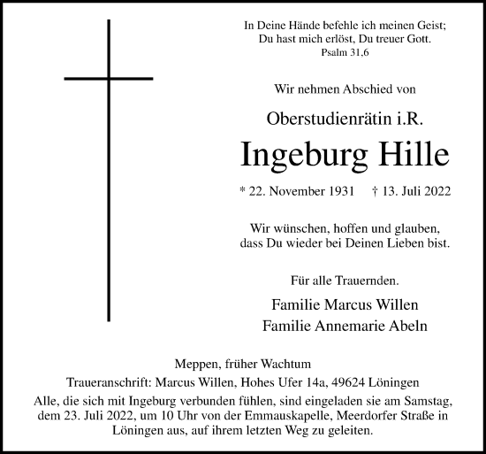 Traueranzeige von Ingeburg Hille von Neue Osnabrücker Zeitung GmbH & Co. KG