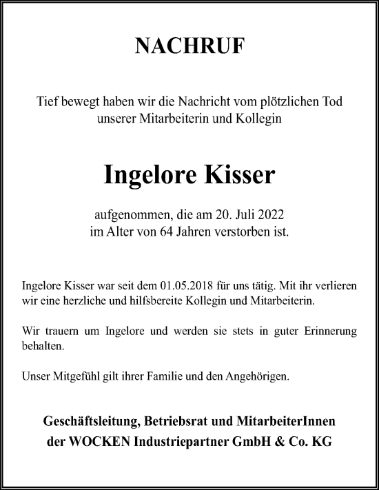 Traueranzeige von Ingelore Kisser von Neue Osnabrücker Zeitung GmbH & Co. KG